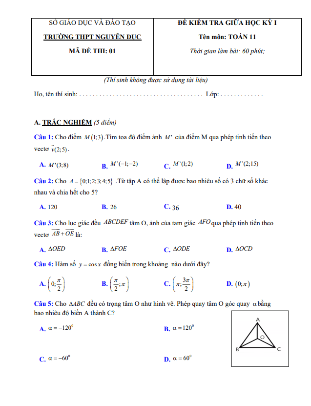 Đề thi giữa học kì 1 (HK1) lớp 11 môn Toán năm 2020 2021 trường THPT Nguyễn Dục Quảng Nam