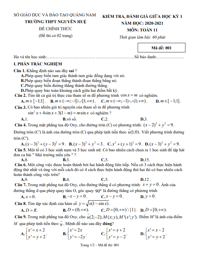 Đề thi giữa học kì 1 (HK1) lớp 11 môn Toán năm 2020 2021 trường THPT Nguyễn Huệ Quảng Nam