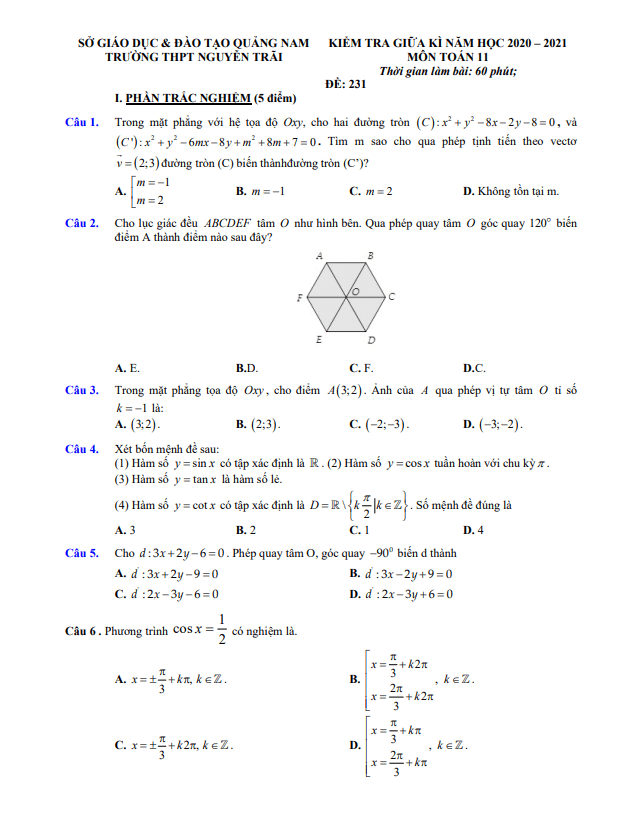 Đề thi giữa học kì 1 (HK1) lớp 11 môn Toán năm 2020 2021 trường THPT Nguyễn Trãi Quảng Nam