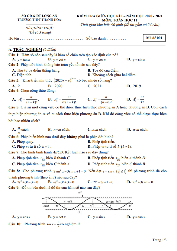 Đề thi giữa học kì 1 (HK1) lớp 11 môn Toán năm 2020 2021 trường THPT Thạnh Hóa Long An