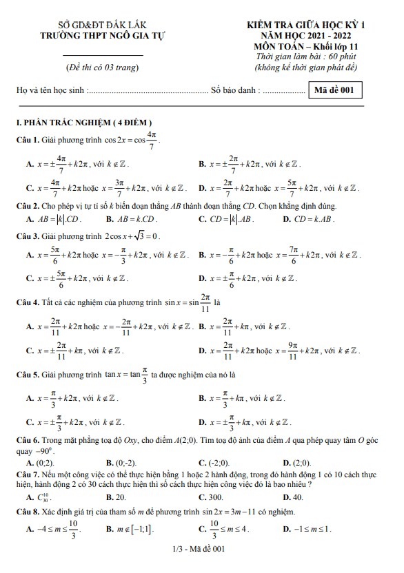 Đề thi giữa học kì 1 (HK1) lớp 11 môn Toán năm 2021 2022 trường THPT Ngô Gia Tự Đắk Lắk