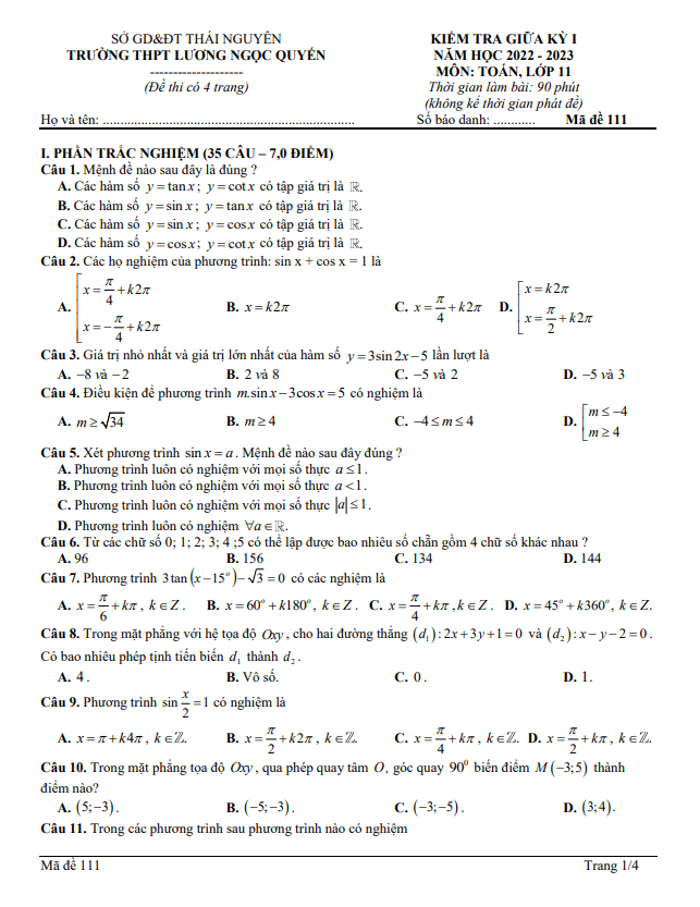 Đề thi giữa học kì 1 (HK1) lớp 11 môn Toán năm 2022 2023 THPT Lương Ngọc Quyến Thái Nguyên