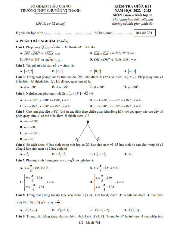 Đề thi giữa học kì 1 (HK1) lớp 11 môn Toán năm 2022 2023 trường chuyên Vị Thanh Hậu Giang