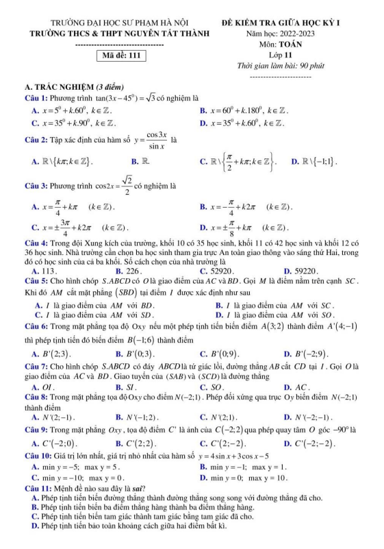 Đề thi giữa học kì 1 (HK1) lớp 11 môn Toán năm 2022 2023 trường Nguyễn Tất Thành Hà Nội