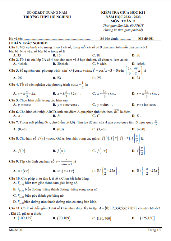 Đề thi giữa học kì 1 (HK1) lớp 11 môn Toán năm 2022 2023 trường THPT Hồ Nghinh Quảng Nam