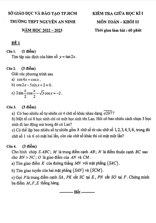 Đề thi giữa học kì 1 (HK1) lớp 11 môn Toán năm 2022 2023 trường THPT Nguyễn An Ninh TP HCM