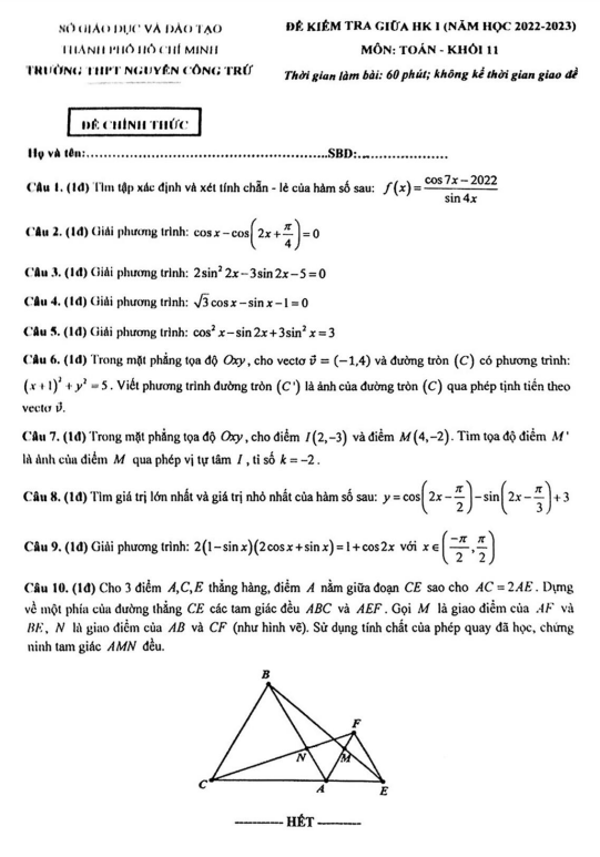 Đề thi giữa học kì 1 (HK1) lớp 11 môn Toán năm 2022 2023 trường THPT Nguyễn Công Trứ TP HCM
