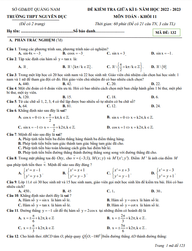 Đề thi giữa học kì 1 (HK1) lớp 11 môn Toán năm 2022 2023 trường THPT Nguyễn Dục Quảng Nam