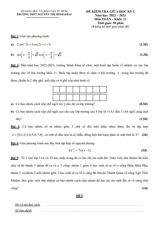 Đề thi giữa học kì 1 (HK1) lớp 11 môn Toán năm 2022 2023 trường THPT Nguyễn Thị Minh Khai TP HCM