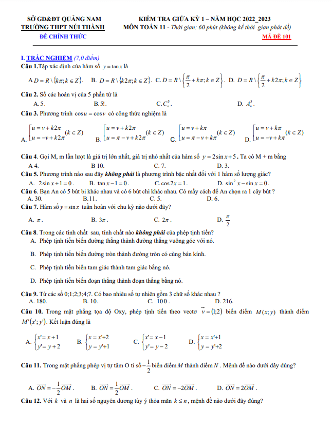 Đề thi giữa học kì 1 (HK1) lớp 11 môn Toán năm 2022 2023 trường THPT Núi Thành Quảng Nam