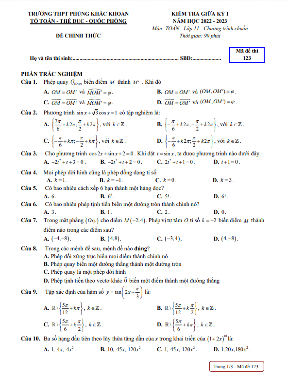 Đề thi giữa học kì 1 (HK1) lớp 11 môn Toán năm 2022 2023 trường THPT Phùng Khắc Khoan Hà Nội