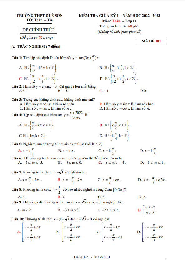 Đề thi giữa học kì 1 (HK1) lớp 11 môn Toán năm 2022 2023 trường THPT Quế Sơn Quảng Nam