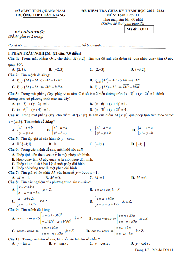 Đề thi giữa học kì 1 (HK1) lớp 11 môn Toán năm 2022 2023 trường THPT Tây Giang Quảng Nam
