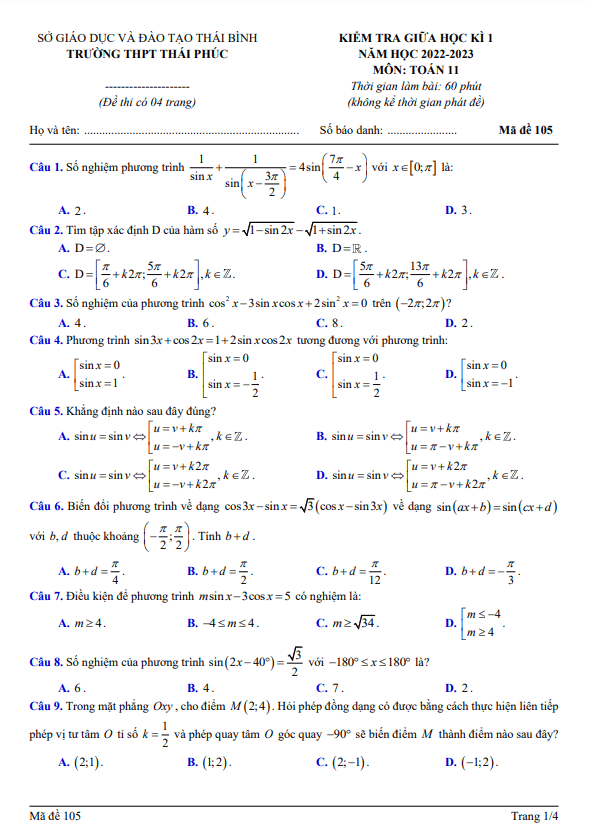 Đề thi giữa học kì 1 (HK1) lớp 11 môn Toán năm 2022 2023 trường THPT Thái Phúc Thái Bình
