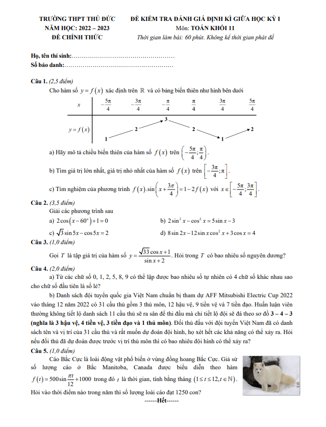 Đề thi giữa học kì 1 (HK1) lớp 11 môn Toán năm 2022 2023 trường THPT Thủ Đức TP HCM