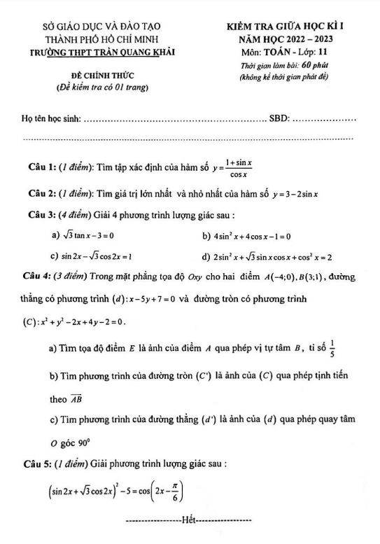 Đề thi giữa học kì 1 (HK1) lớp 11 môn Toán năm 2022 2023 trường THPT Trần Quang Khải TP HCM