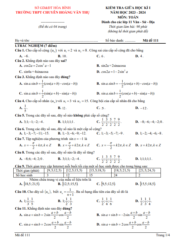 Đề thi giữa học kì 1 (HK1) lớp 11 môn Toán năm 2023 2024 trường chuyên Hoàng Văn Thụ Hòa Bình
