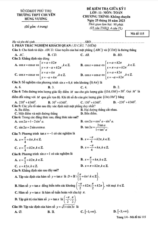 Đề thi giữa học kì 1 (HK1) lớp 11 môn Toán năm 2023 2024 trường chuyên Hùng Vương Phú Thọ