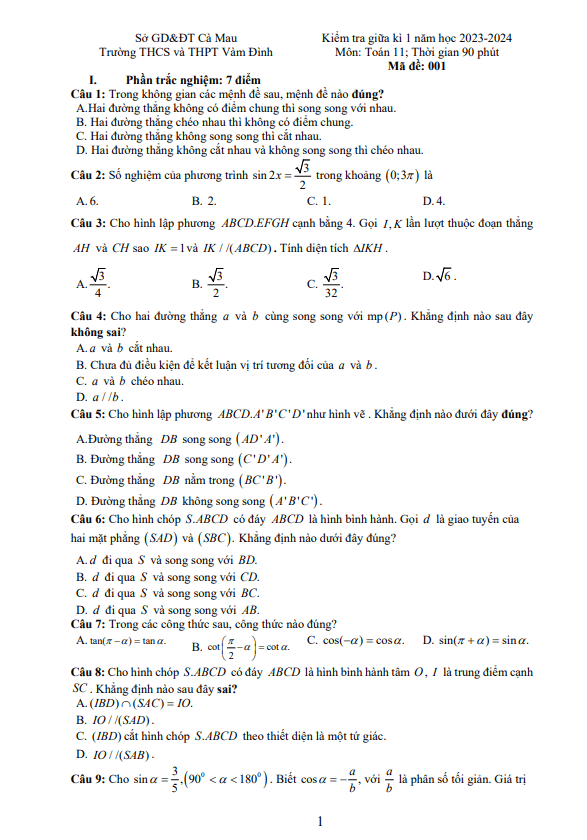 Đề thi giữa học kì 1 (HK1) lớp 11 môn Toán năm 2023 2024 trường THCS THPT Vàm Đình Cà Mau