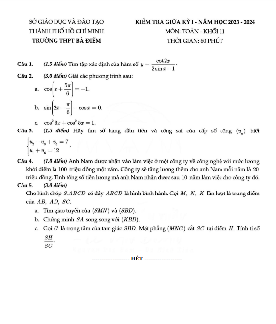 Đề thi giữa học kì 1 (HK1) lớp 11 môn Toán năm 2023 2024 trường THPT Bà Điểm TP HCM