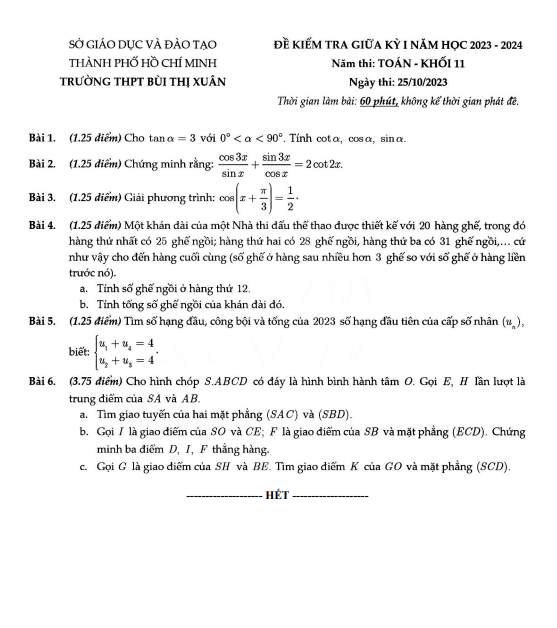 Đề thi giữa học kì 1 (HK1) lớp 11 môn Toán năm 2023 2024 trường THPT Bùi Thị Xuân TP HCM