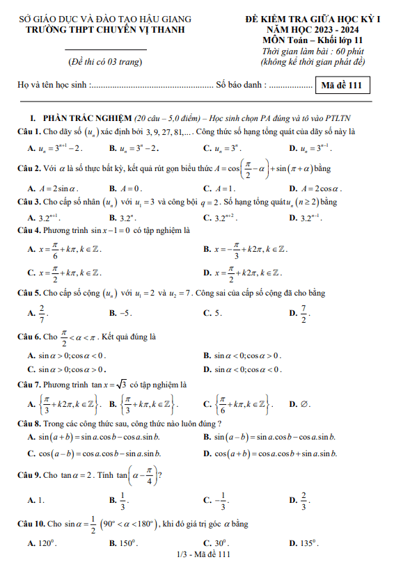 Đề thi giữa học kì 1 (HK1) lớp 11 môn Toán năm 2023 2024 trường THPT chuyên Vị Thanh Hậu Giang