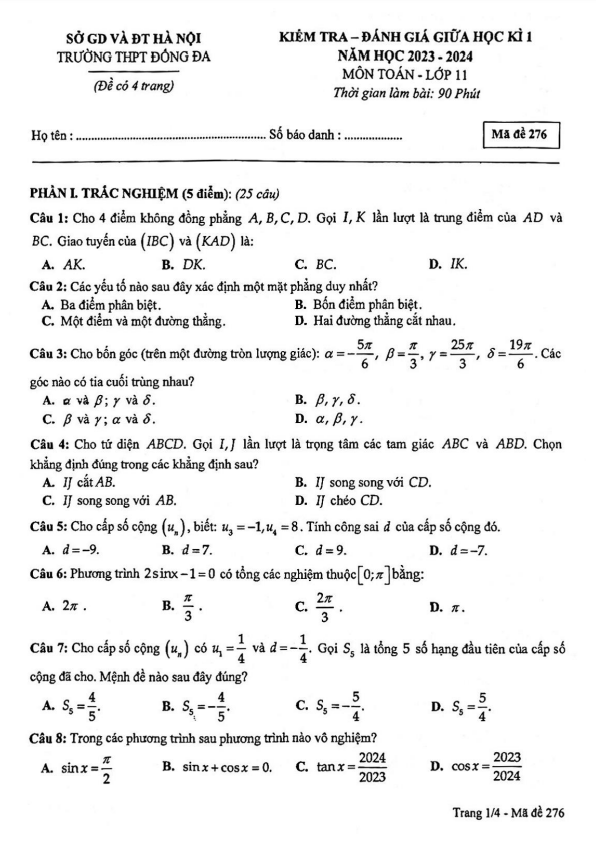 Đề thi giữa học kì 1 (HK1) lớp 11 môn Toán năm 2023 2024 trường THPT Đống Đa Hà Nội
