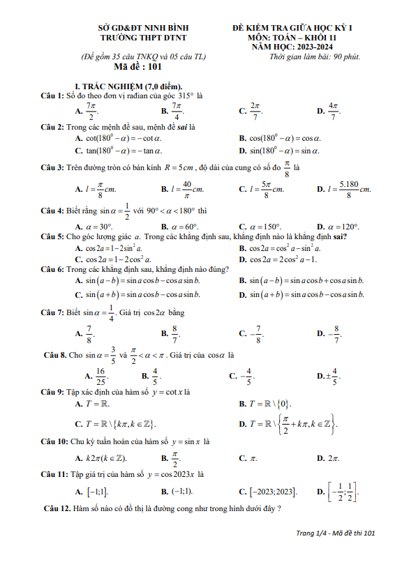 Đề thi giữa học kì 1 (HK1) lớp 11 môn Toán năm 2023 2024 trường THPT DTNT Ninh Bình