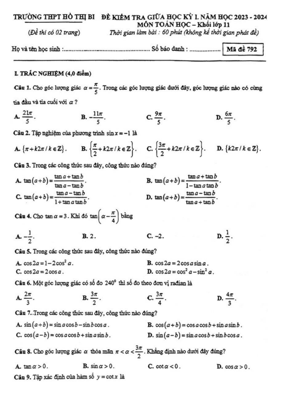Đề thi giữa học kì 1 (HK1) lớp 11 môn Toán năm 2023 2024 trường THPT Hồ Thị Bi TP HCM