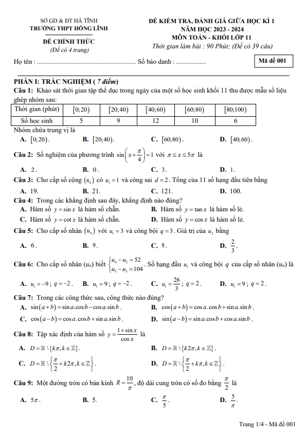 Đề thi giữa học kì 1 (HK1) lớp 11 môn Toán năm 2023 2024 trường THPT Hồng Lĩnh Hà Tĩnh