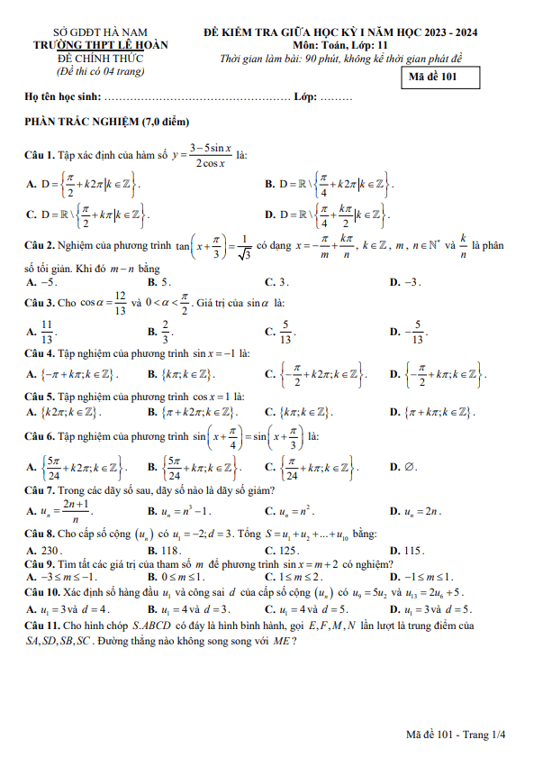 Đề thi giữa học kì 1 (HK1) lớp 11 môn Toán năm 2023 2024 trường THPT Lê Hoàn Hà Nam
