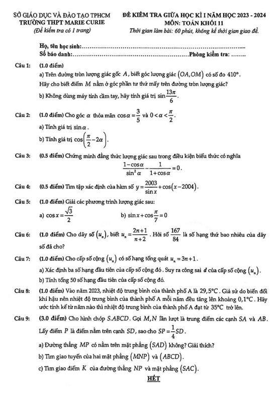 Đề thi giữa học kì 1 (HK1) lớp 11 môn Toán năm 2023 2024 trường THPT Marie Curie TP HCM