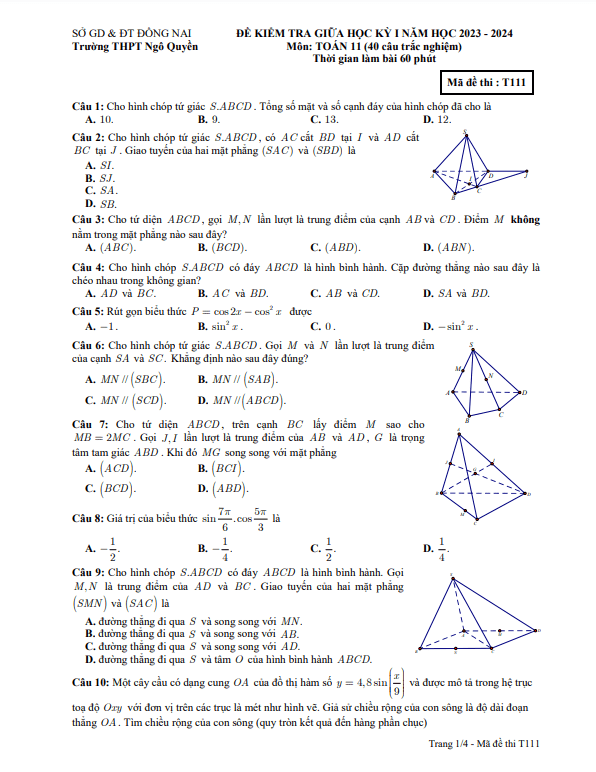 Đề thi giữa học kì 1 (HK1) lớp 11 môn Toán năm 2023 2024 trường THPT Ngô Quyền Đồng Nai