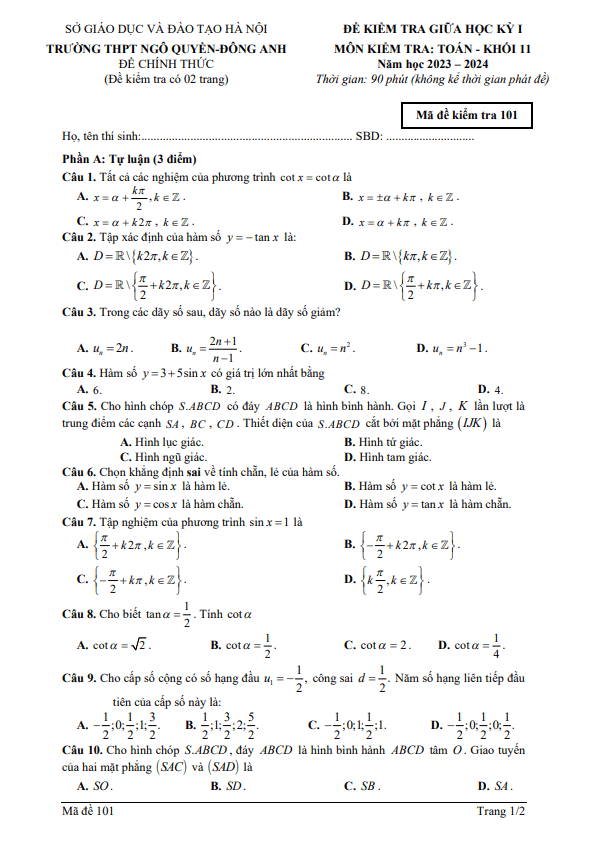 Đề thi giữa học kì 1 (HK1) lớp 11 môn Toán năm 2023 2024 trường THPT Ngô Quyền Hà Nội