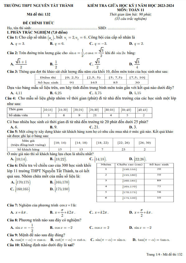 Đề thi giữa học kì 1 (HK1) lớp 11 môn Toán năm 2023 2024 trường THPT Nguyễn Tất Thành Đắk Nông