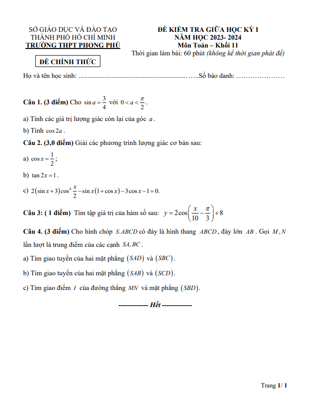 Đề thi giữa học kì 1 (HK1) lớp 11 môn Toán năm 2023 2024 trường THPT Phong Phú TP HCM