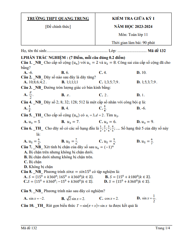 Đề thi giữa học kì 1 (HK1) lớp 11 môn Toán năm 2023 2024 trường THPT Quang Trung Quảng Ngãi