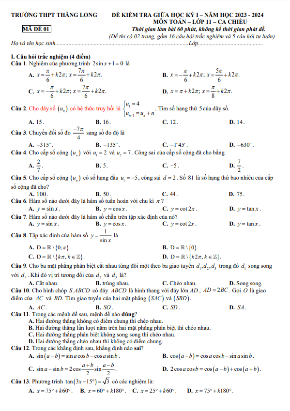Đề thi giữa học kì 1 (HK1) lớp 11 môn Toán năm 2023 2024 trường THPT Thăng Long Hà Nội