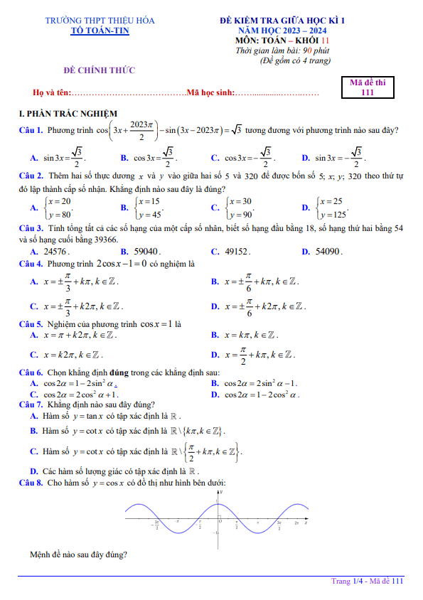 Đề thi giữa học kì 1 (HK1) lớp 11 môn Toán năm 2023 2024 trường THPT Thiệu Hóa Thanh Hóa
