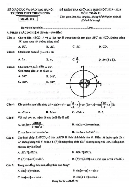 Đề thi giữa học kì 1 (HK1) lớp 11 môn Toán năm 2023 2024 trường THPT Thường Tín Hà Nội