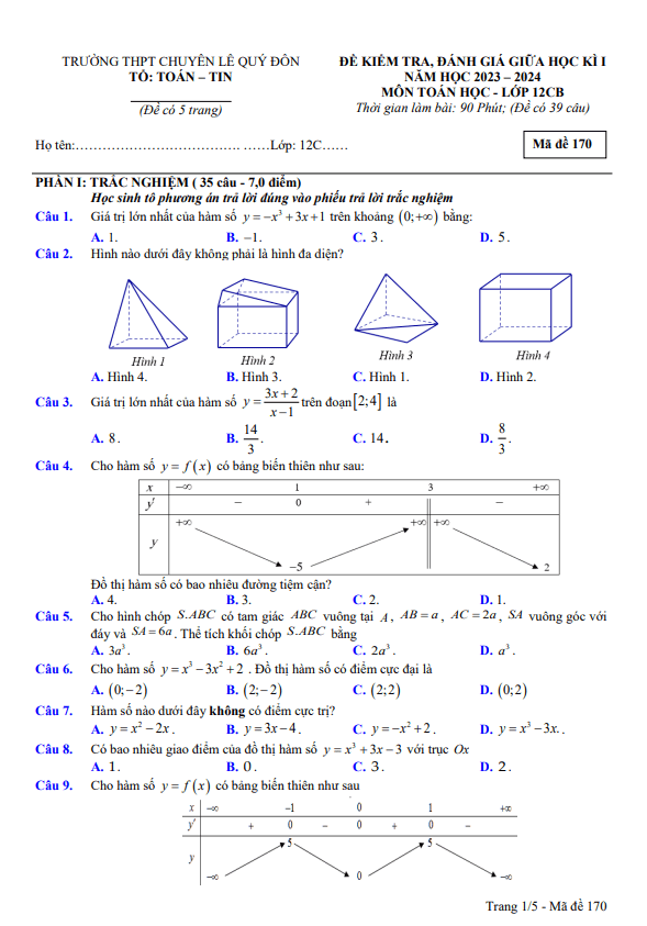 Đề thi giữa học kì 1 (HK1) lớp 12 môn Toán CB năm 2023 2024 trường chuyên Lê Quý Đôn Điện Biên