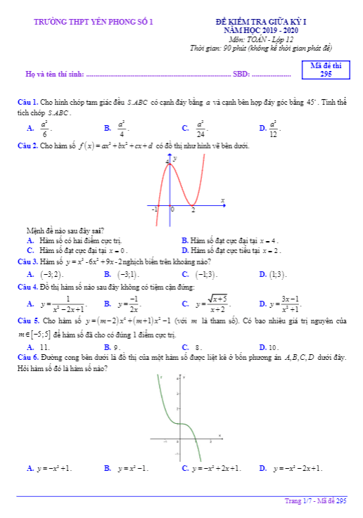 Đề thi giữa học kì 1 (HK1) lớp 12 môn Toán năm 2019 2020 trường THPT Yên Phong 1 Bắc Ninh