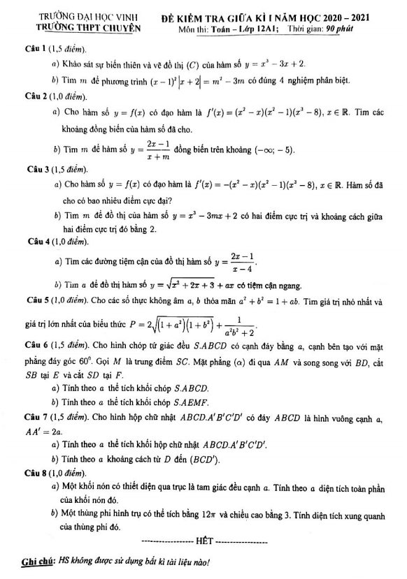 Đề thi giữa học kì 1 (HK1) lớp 12 môn Toán năm 2020 2021 trường THPT chuyên ĐH Vinh Nghệ An