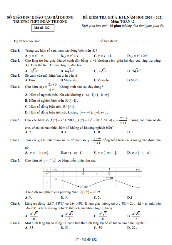 Đề thi giữa học kì 1 (HK1) lớp 12 môn Toán năm 2020 2021 trường THPT Đoàn Thượng Hải Dương