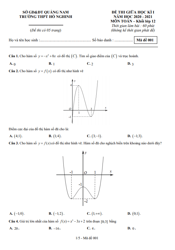Đề thi giữa học kì 1 (HK1) lớp 12 môn Toán năm 2020 2021 trường THPT Hồ Nghinh Quảng Nam
