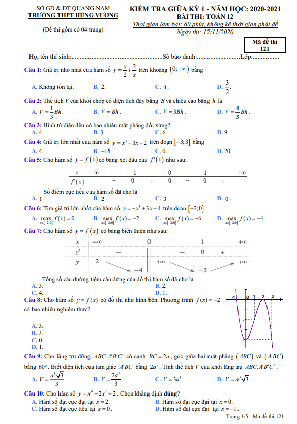 Đề thi giữa học kì 1 (HK1) lớp 12 môn Toán năm 2020 2021 trường THPT Hùng Vương Quảng Nam
