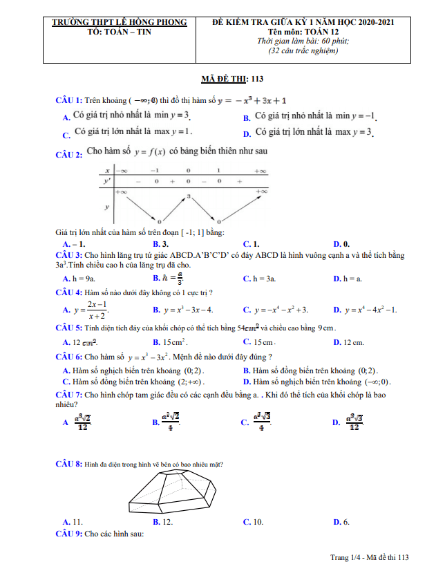Đề thi giữa học kì 1 (HK1) lớp 12 môn Toán năm 2020 2021 trường THPT Lê Hồng Phong Quảng Nam