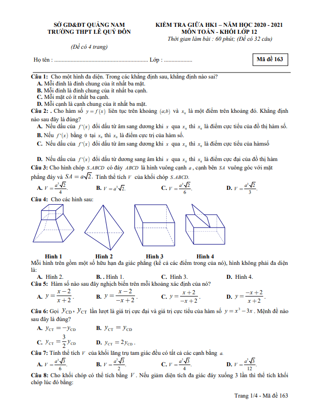 Đề thi giữa học kì 1 (HK1) lớp 12 môn Toán năm 2020 2021 trường THPT Lê Quý Đôn Quảng Nam