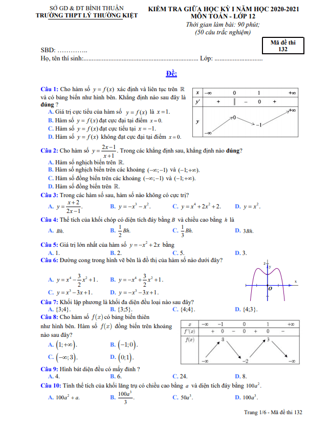Đề thi giữa học kì 1 (HK1) lớp 12 môn Toán năm 2020 2021 trường THPT Lý Thường Kiệt Bình Thuận