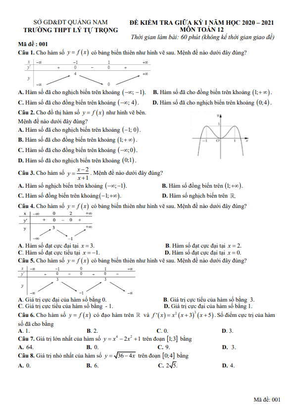 Đề thi giữa học kì 1 (HK1) lớp 12 môn Toán năm 2020 2021 trường THPT Lý Tự Trọng Quảng Nam